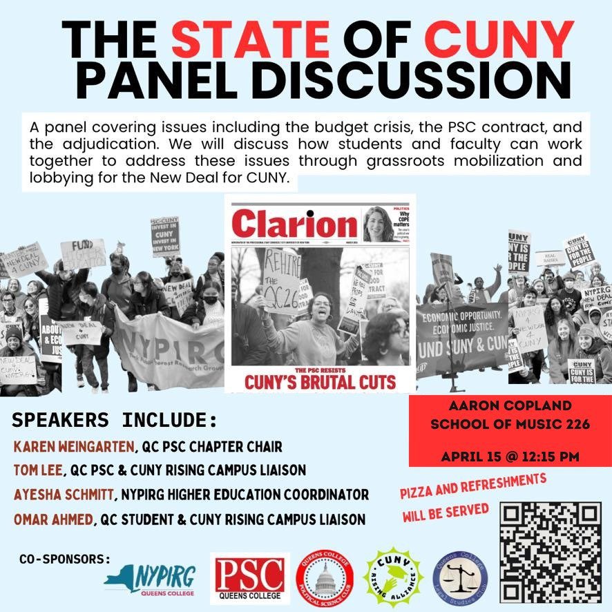 Join us for a panel discussion on the State of #CUNY, Monday April 15th at 12:15pm at @QC_News School of Music 226 actionnetwork.org/events/state-o… Topics - budget crisis - @PSC_CUNY contract - adjunctification - grassroots mobilization - lobbying for #NewDeal4CUNY @psc_qc @NYPIRG