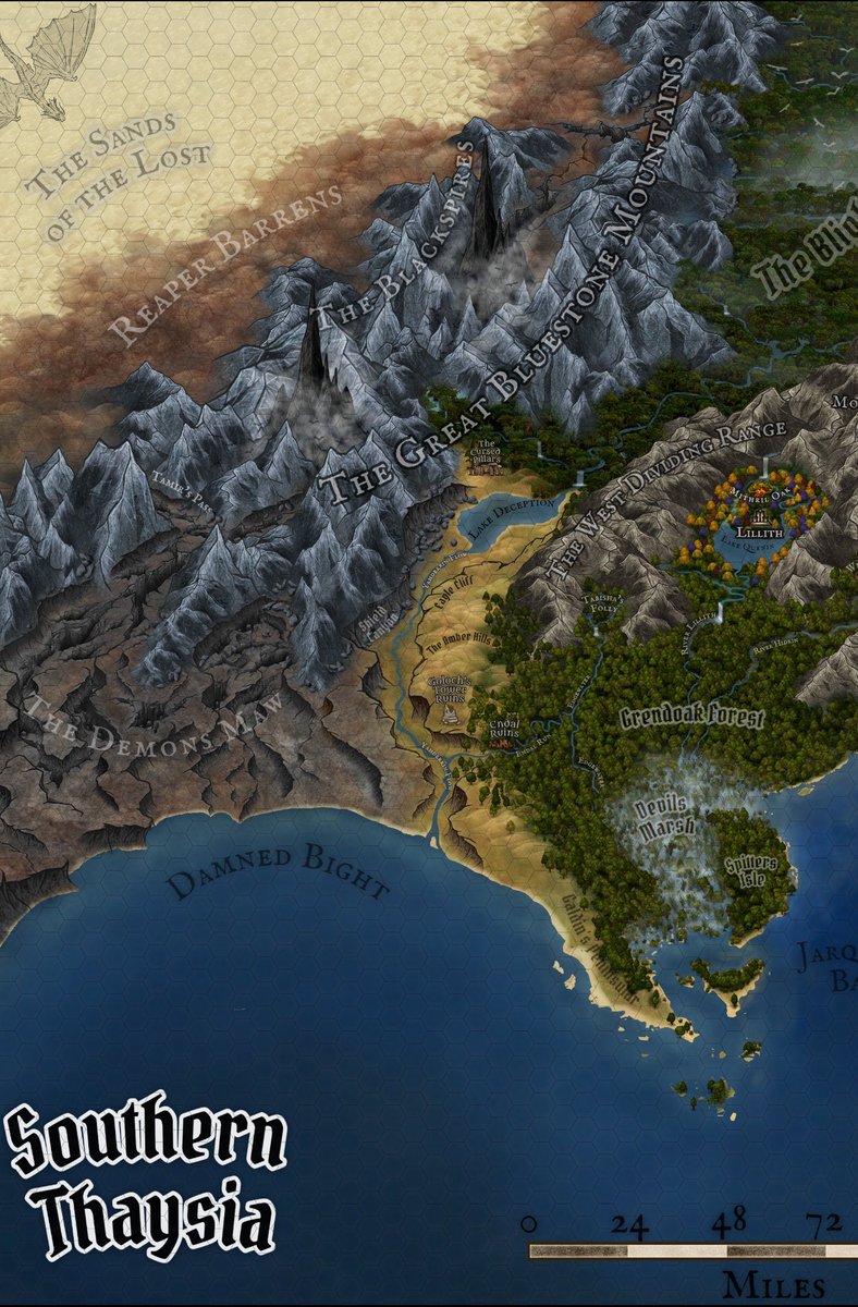 The Great Bluestone Mountains stretch 1000’s of miles into the north of Eastern Thaysia

Murderous Giants believed to be offspring of humans and demons, make these mountains their home, sometimes wandering south in search of food, bringing destruction to all in their path