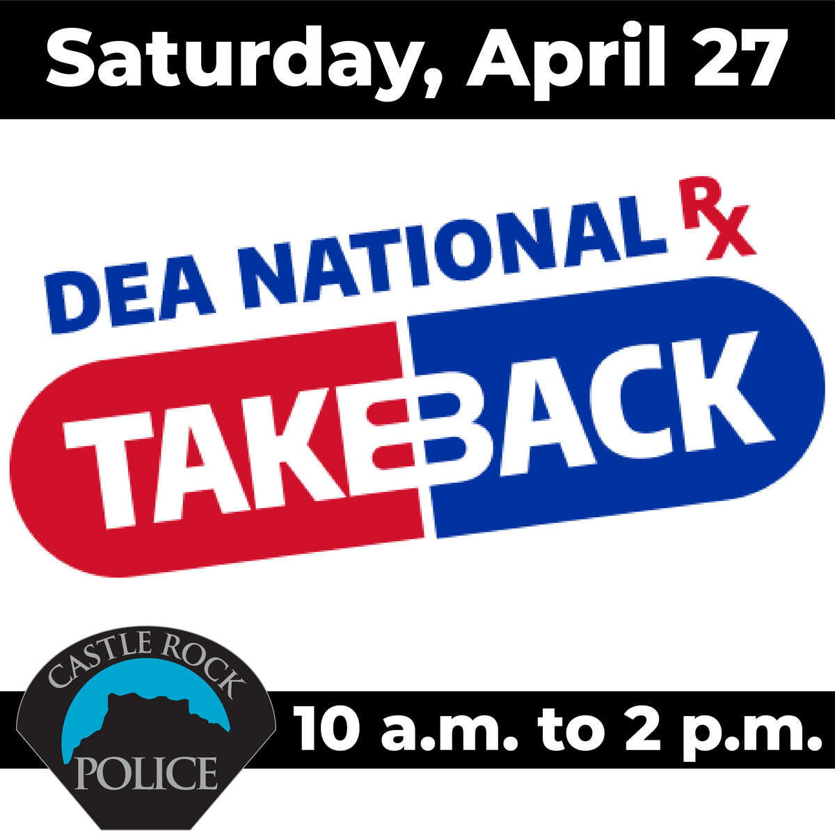 Let the Castle Rock Police Department help you with your spring-cleaning efforts... CRPD is taking part in the DEA's National Prescription Drug Take Back event! Join us Saturday, April 27, from 10 a.m. to 2 p.m. For event details and FAQs, please visit crgov.com/CivicAlerts.as….