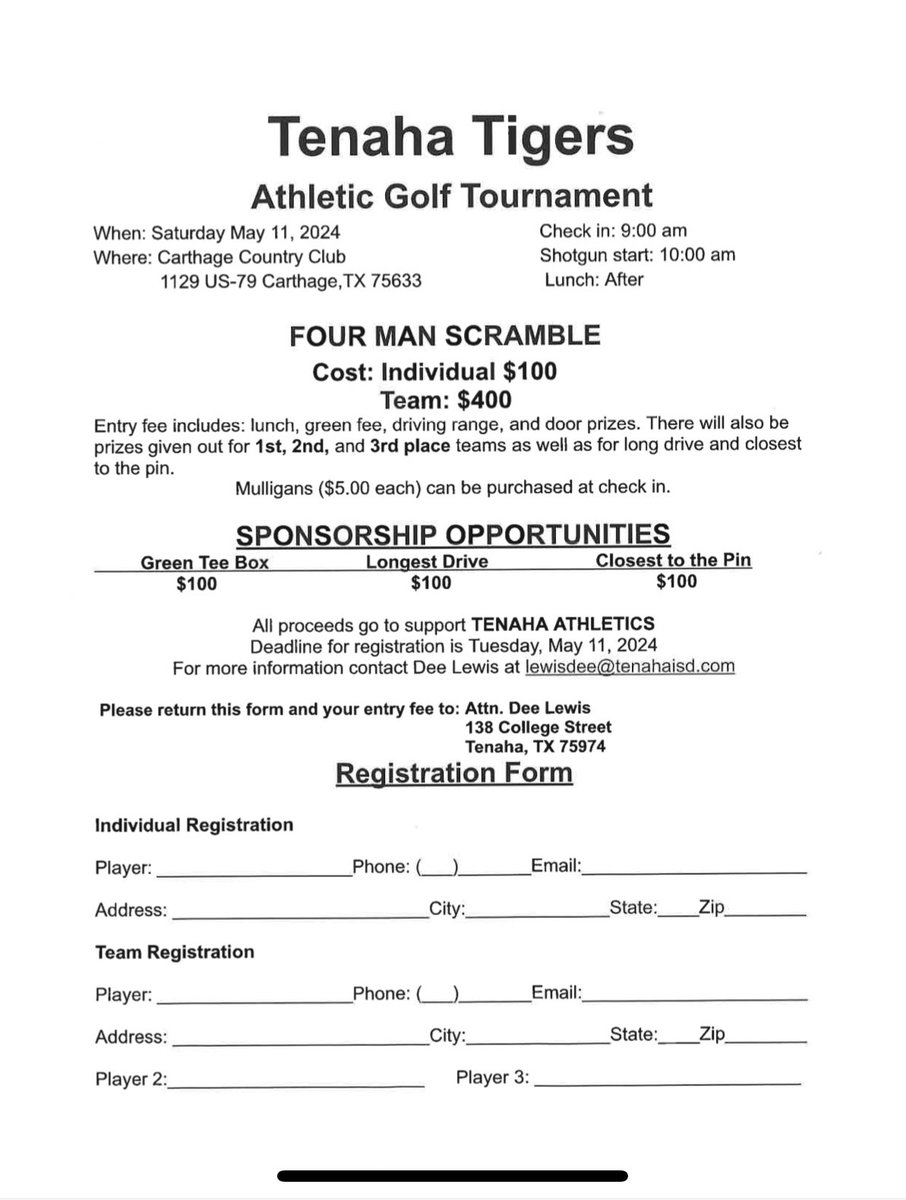 Mark your calendar for the 1st Annual Tenaha Athletic Golf Tournament! 
May 11th at Carthage Country Club. 
Registration starts at 9 am, and tee-off is at 10 am. We invite you to join us by forming a team for a day of golf and enjoyment!