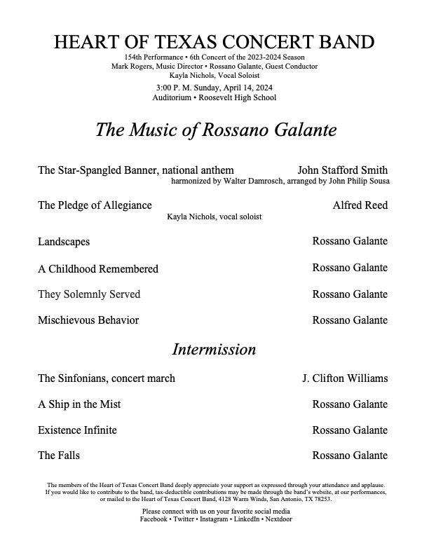 htxcb's tweet image. Meet Rossano Galante, composer, orchestrator for film &amp;amp; TV.
Sunday April 14 -3 PM
Heart of Texas Concert Band
Composer Showcase 

Roosevelt High School Auditorium
5110 Walzem Road
San Antonio, TX 78218

heartoftexasconcertband.org 
4128 Warm Winds
San Antonio, TX 78253