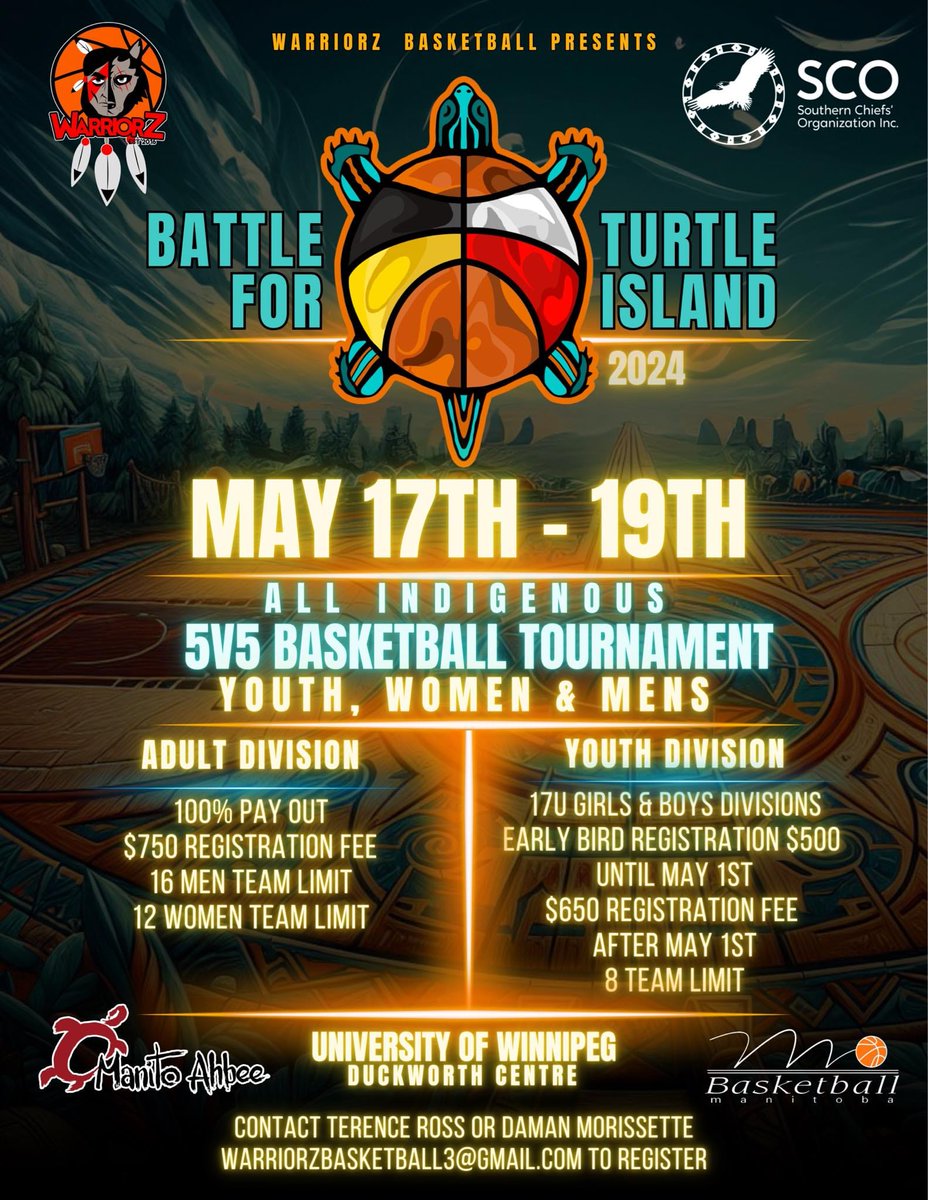 SCO is proud to sponsor and share the Battle for Turtle Island 2024 will take place from May 17 to 19 at the University of Winnipeg in Treaty One Territory!   To register, contact Terrance Ross or Daman Morissette by email at: warriorzbasketball3@gmail.com.   #SCOINCMB #SCOYouth