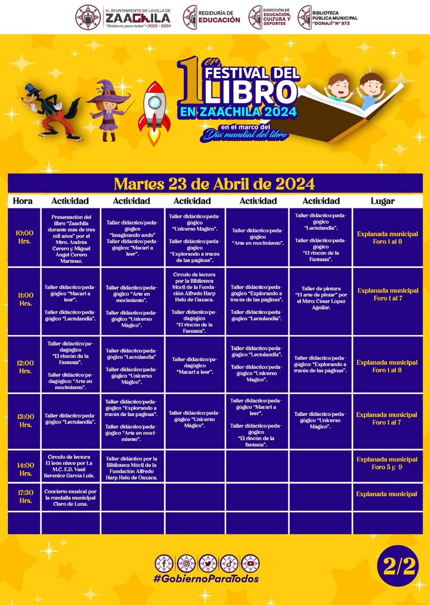 ¡Atención lectores y amantes de la cultura!

No se pierdan el Primer #FestivalDelLibro en Zaachila 2024, organizado por la Biblioteca Pública Municipal Donají, este 22 y 23 de abril

Consulta la cartelera aquí 

 #Cultura #FomentoALaLectura

laverdaddeoaxaca.com/zaachila-se-pr…