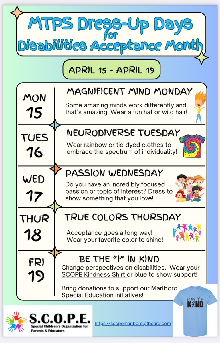 🎉Attention MTPS! Don’t forget our Disabilities Acceptance Month is in full swing! Spirit Week kicks off with Magnificent Mind Monday! Show us your fun hat or wild hair! <a href="/mtirone2/">Maryelizabeth Tirone</a> <a href="/MTPSNJ/">Marlboro Twp Schools</a> <a href="/MarlboroSCOPE/">S.C.O.P.E. Marlboro</a>