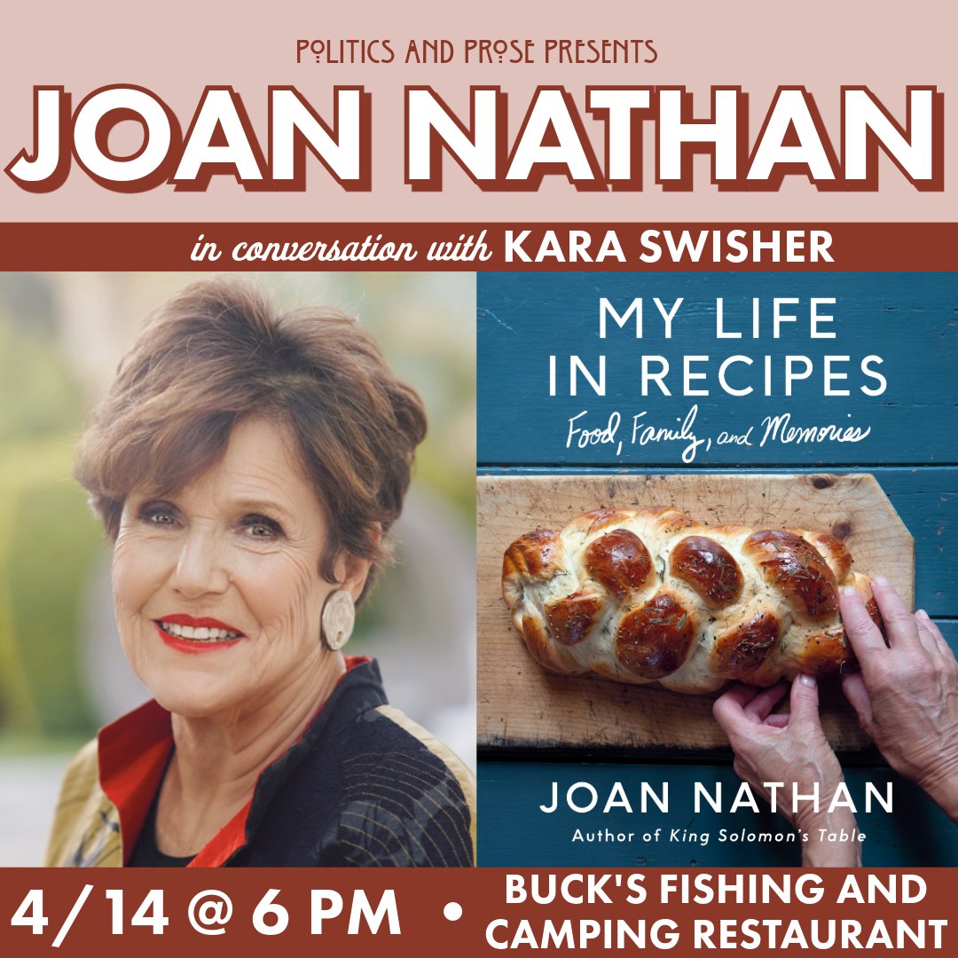 Sunday, join @Joan_Nathan to discuss MY LIFE IN RECIPES - recipes that look back at Nathan's life, family history, and her personal journey discovering Jewish cuisine from around the world - with @karaswisher - SOLD OUT - 6PM @ Buck's - bit.ly/4atyMK6