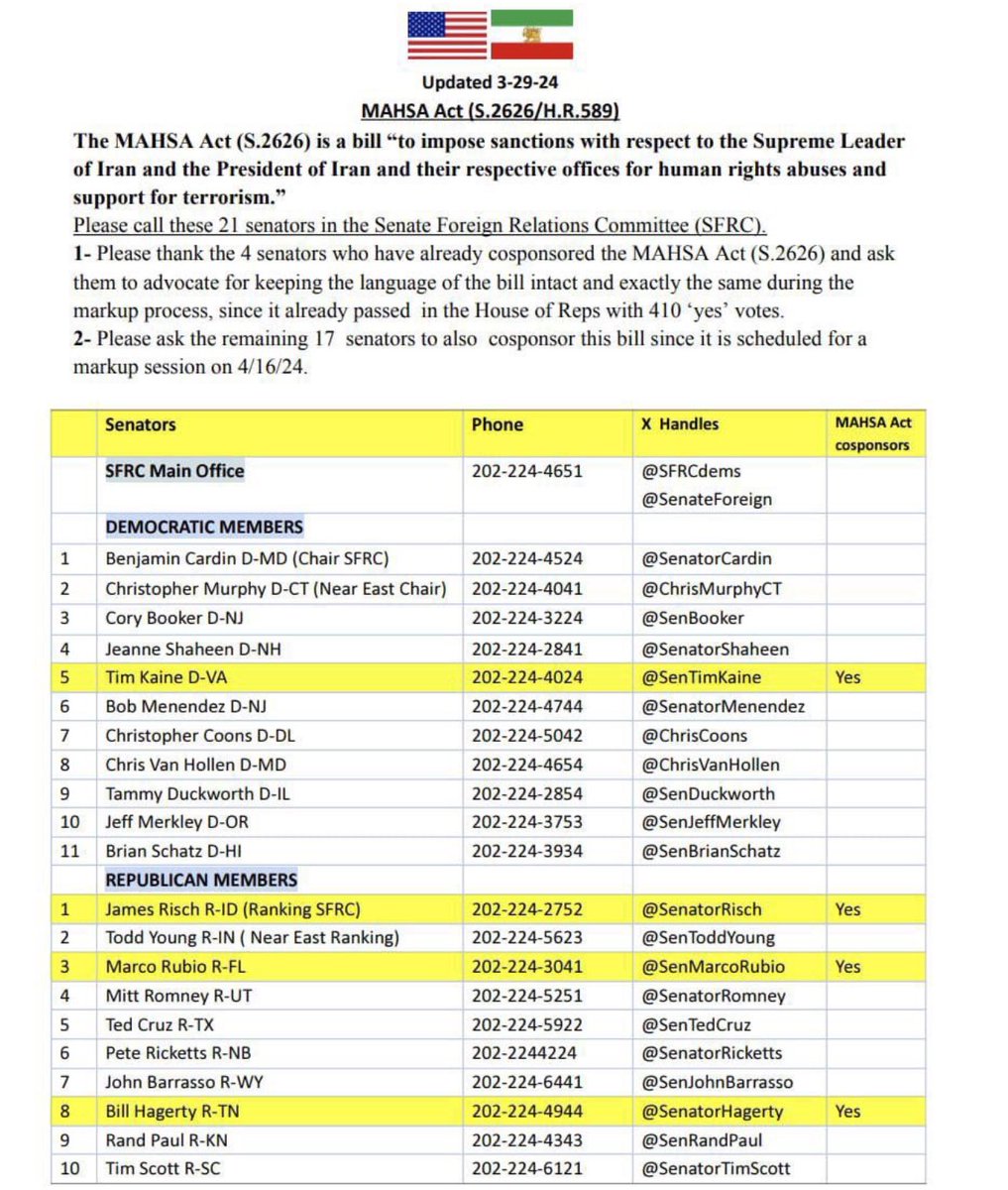 We need activists to call members of the SFRC, ask them to maintain the language of the #MAHSAAct S.2626 exactly the same during the markup hearing on 4/16/24. No amendments. @SFRCdems @SenTimKaine @SenBlumenthal @ChrisMurphyCT @SenBooker @SenatorRisch @SenatorTimScott