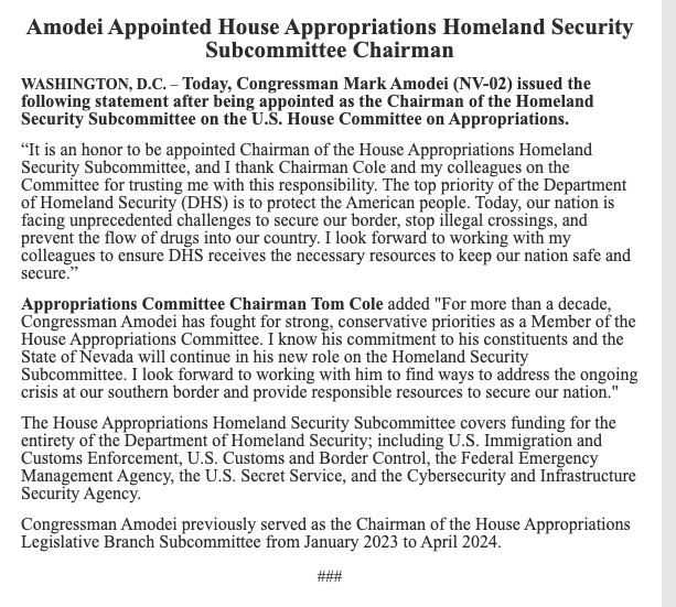 Nevada's own @MarkAmodeiNV2 -- already a 'cardinal' on the Appropriations Committee -- is now chairman of the homeland security subcommittee of that panel. C'mon, baby! Daddy needs a new pair of Sikorsky UH-60 Black Hawks! MORE: