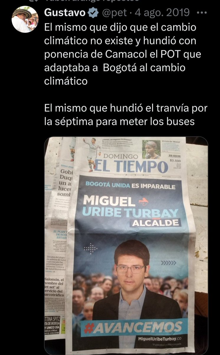 ¡ATENCIÓN! @MiguelUribeT el q dijo q el cambio climático no existía y hundió el POT q adaptaba a Bogotá al cambio climático. Hoy, hay racionamiento d agua en la Capital debido al cambio climático. No Elijan irresponsables q sólo ven en los cargos públicos la oportunidad d negocio