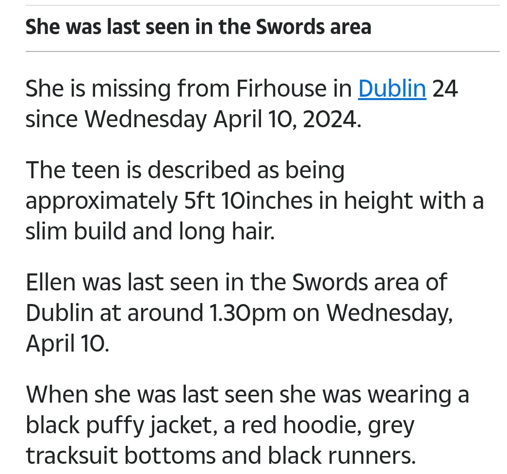 14 year old Ellen O'Connor has been missing from Dublin since Wednesday. Ellen's family is asking for the public to help locate her. Please share.