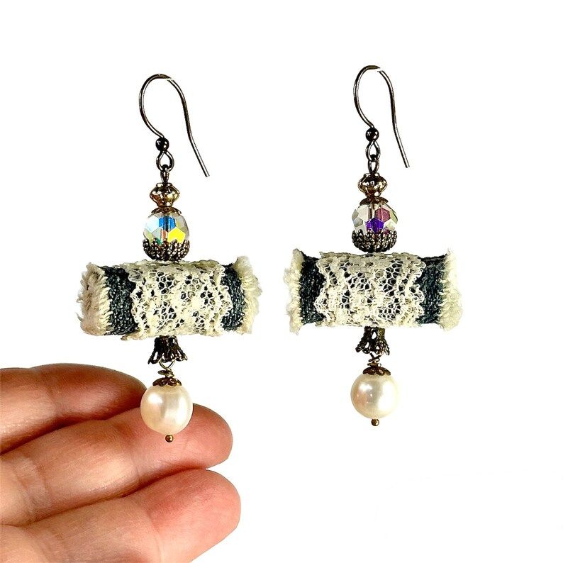 NEW, just listed! Repurposed Denim and Lace Earrings, Upcycled Fabric Jewelry - Etsy buff.ly/3Q0oJE8 #shopetsy #realhandmade #shophandmade