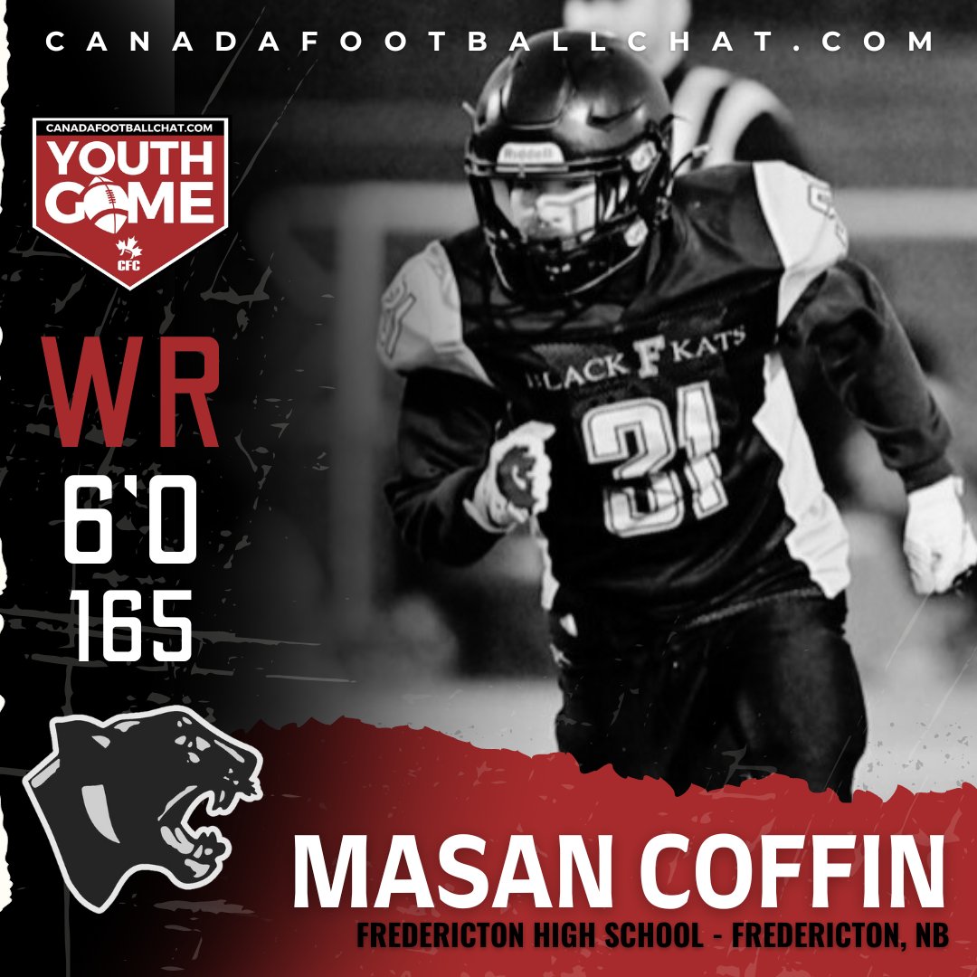 #CFCYOUTHGAME SPOTLIGHT 💯 👤 WR @masan_coffin 🎓 Class 2027 🏫 Fredericton High School 📍 Fredericton, NB 'I am hoping to get some touchdowns, and have some fun with all the players. Hopefully I can learn a thing or two.' READ MORE ➡️ t.ly/Ta6GN