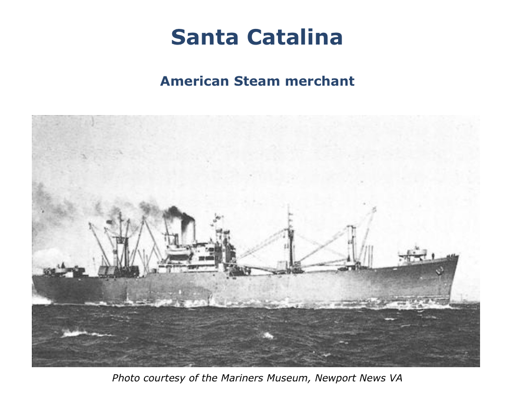 Apr 24, 1943 the SS Santa Catalina was hit on the starboard side by two stern torpedoes from U-129, about 370 miles southeast of Cape Hatteras, NC. The first torpedo struck at the #1 hold. Crew 95 (0 dead and 95 survivors). #CapeHatteras #merchantmarine uboat.net/allies/merchan…