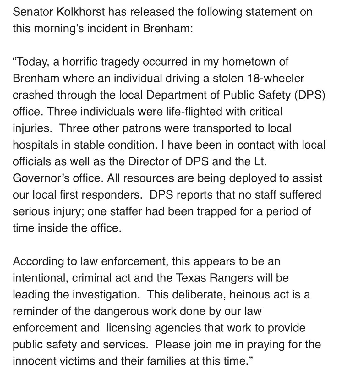 #BreakingNews: @KPRC2 just received this statement from @LoisKolkhorst. The driver reportedly stole the 18-wheeler and intentionally crashed into the Texas DPS facility in Brenham, Texas. @KPRC2 MORE: tinyurl.com/2awsbfru