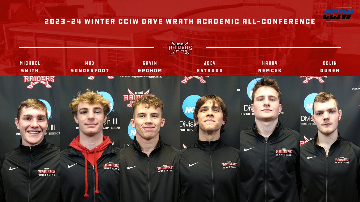 🤼@MSOE_Wrestling | AWARDS

Six Raiders named to CCIW Academic All-Conference list!

📰:msoeraiders.com/news/2024/4/12…

#TheRaiderWay #d3wrestle