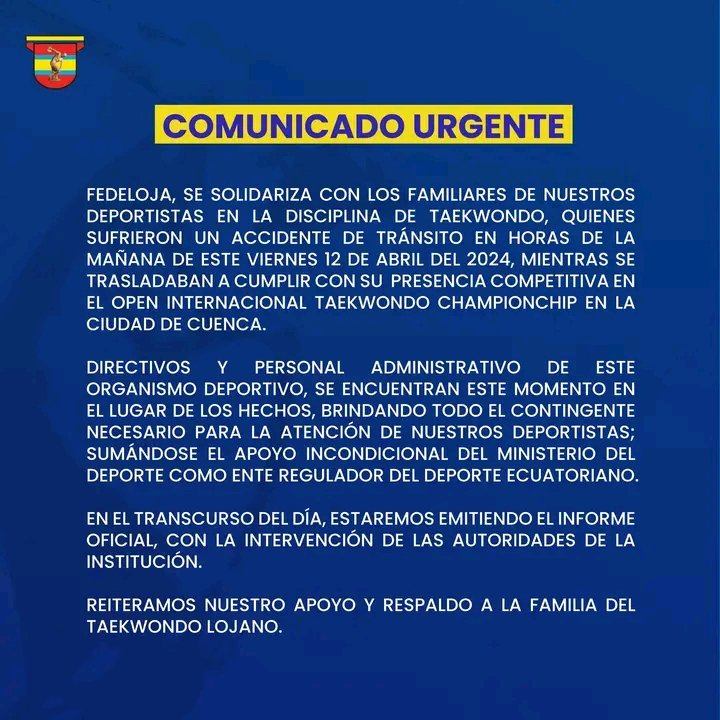 Franklingm05's tweet image. Primeras declaraciones de Federación Deportiva Provincial de Loja, sobre el lamentable accidente que sufrieron los niños de la disciplina de taekwondo, en la vía a Cuenca.

#loja #fdpl #accidente #oña #Taekwondo #federacion