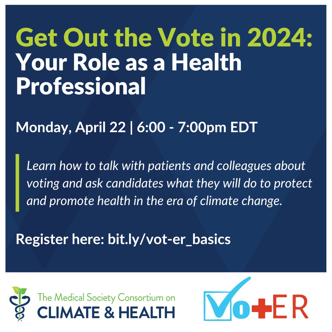 Join @Vot_ER_org and the Consortium for an #EarthDay webinar to learn how to talk with patients and colleagues about voting and ask candidates about their climate action plans. Register here: bit.ly/vot-er_basics