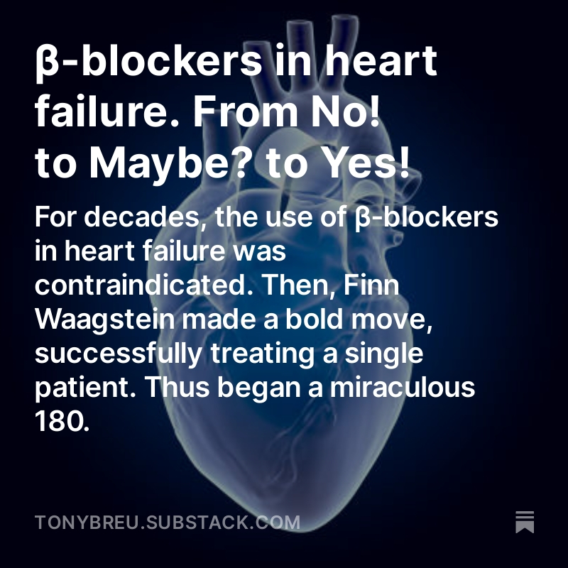For decades, the use of β-blockers in heart failure was contraindicated. Then, Finn Waagstein made a bold move, successfully treating a single patient. Thus began a miraculous 180. To read the full story, see my latest post on Origin Stories. open.substack.com/pub/tonybreu/p…