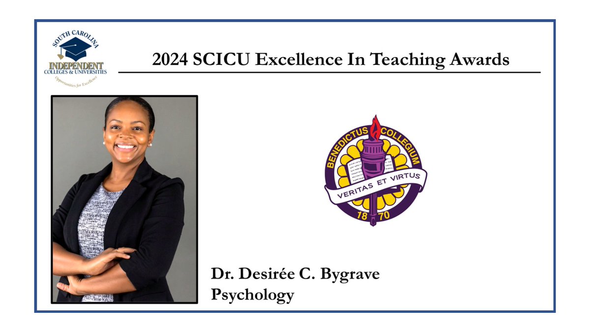 #SCICU congratulates Dr. Desirée C. Bygrave, @BenedictEDU's 2024 #ExcellenceInTeaching award winner. Exemplary faculty at SCICU's 21 member colleges & universities educate and inspire 36,000+ students throughout #SouthCarolina. scicu.org/scicu-celebrat… scicu.org/benedict-colle…