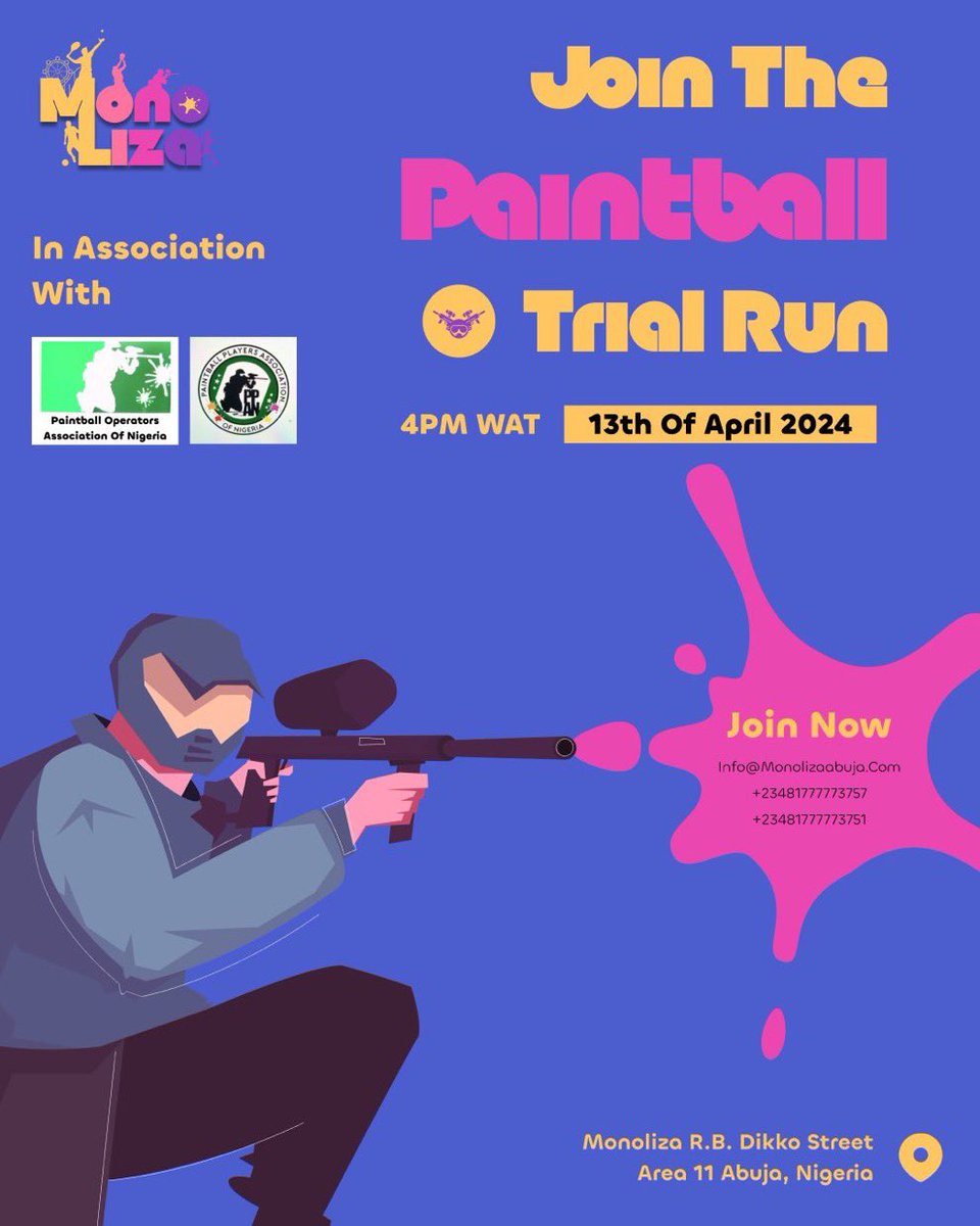 Abuja Paintball Lovers make we gather at @MonolizaAbuja📍. Come and Display your Shooting & Tactical Skills #Abuja