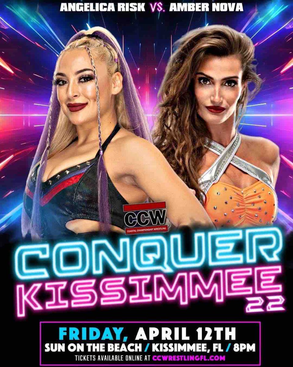 **TONIGHT** CCW presents Conquer Kissimmee 22 📍 Sun On The Beach in Old Town ⏰ 8PM Belltime ANGELICA RISK vs. AMBER NOVA Show up early. Seats will fill up fast! Tickets 🎟️: ow.ly/NsTI50ReHNW