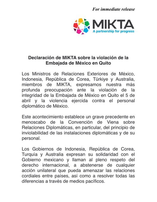 🚨#AlertaADN

🔴 @SRE_mx comparte la declaración de MIKTA, conformada por ministros de Relaciones Exteriores de #Indonesia, #Corea, #Turquía y #Australia, sobre la violación a la integridad de la embajada de #México en #Ecuador