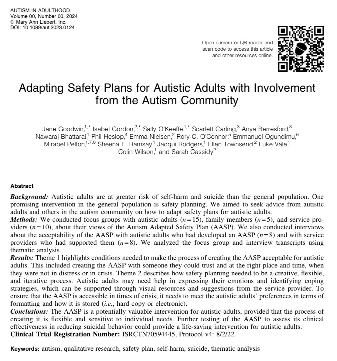 Really pleased to share our first publication from our AASP study: “Adapting Safety Plans for Autistic Adults with Involvement from the Autism Community”. Free to access here: liebertpub.com/doi/pdf/10.108…