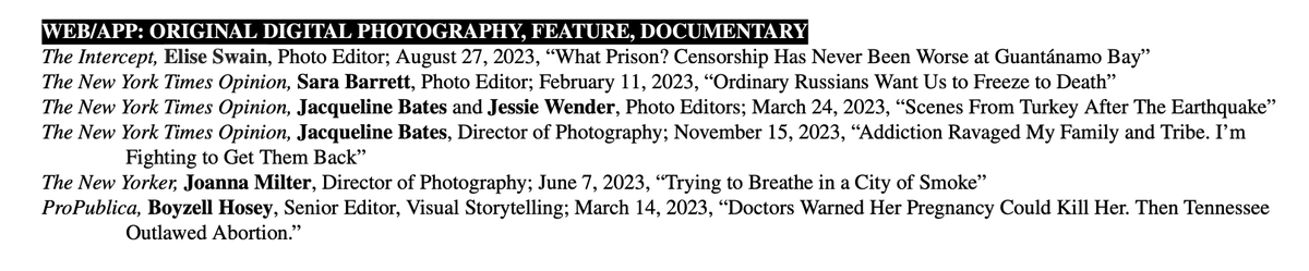 Honored to be an SPD finalist for 'original documentary photo feature' while I was photo editor for @theintercept. Alongside amazing company here... NYT, New Yorker, and ProPublica. Link to my nominated story here: theintercept.com/2023/08/27/gua…