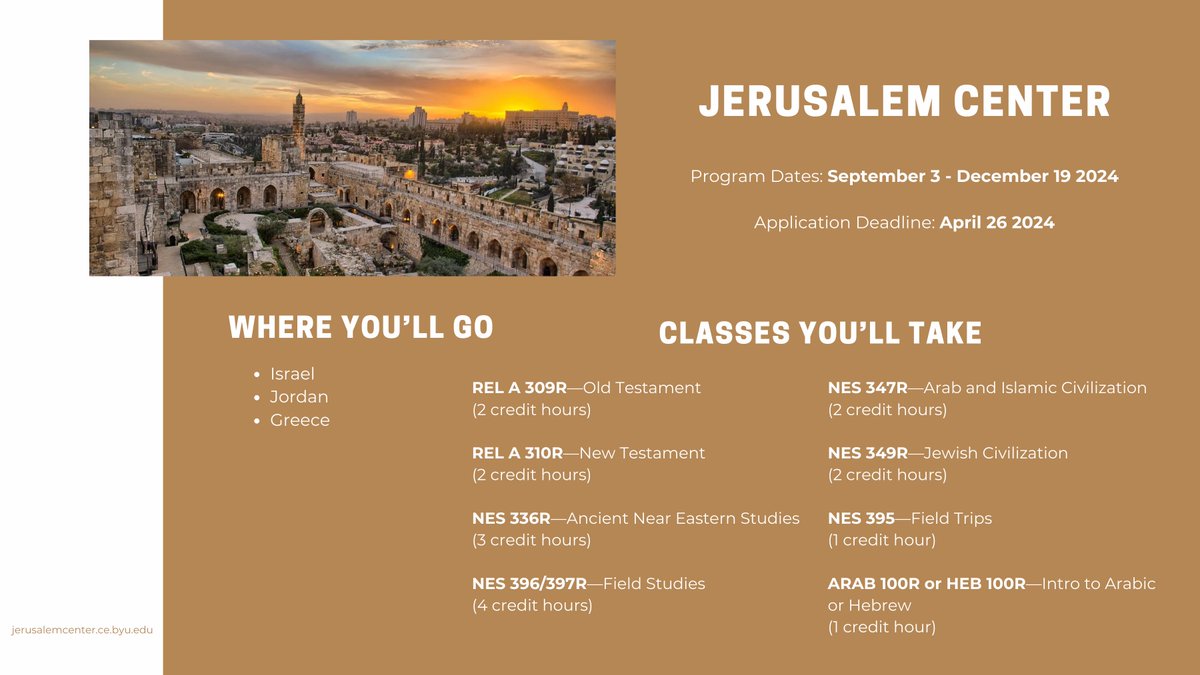 Come study in the Holy Land! Applications for the BYU Jerusalem Center's Fall 2024 program open on April 12. Considering the current unrest, a final go/no-go decision will be made no later than July 17.

Classroom study is integrated with field trips all throughout the Holy Land!