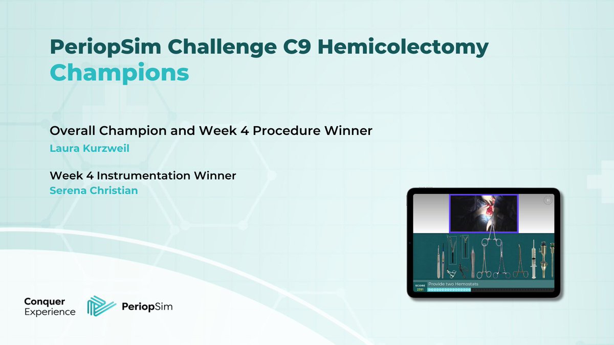 🏆 Congratulations to our PeriopSim Challenge C9 winners! 🎉 Serena Christian takes home the prize for Week 4 Hemicolectomy Instrumentation, while Laura Kurzweil emerges as the Overall Champion. 🌟 Their exceptional skills and dedication truly shine! #PeriopSim #ChallengeWinners.