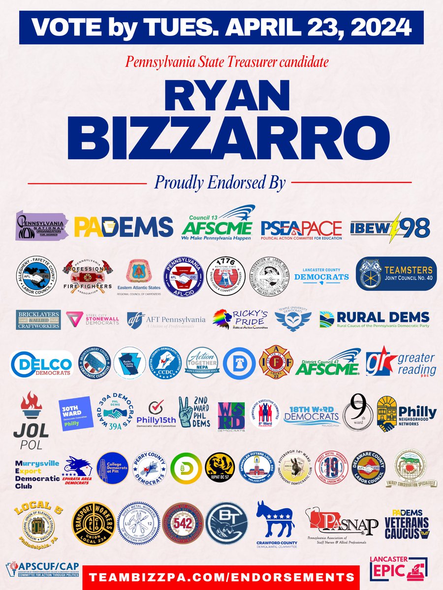 The endorsements for @RyanBizzarro for State Treasurer are a recognition of his leadership and commitment to protect important programs, protect our pensions, and to protect Pennsylvania.