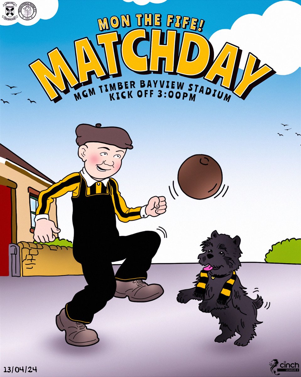 EastFifeFC's tweet image. ⚫️🟡𝗠𝗔𝗧𝗖𝗛𝗗𝗔𝗬 🟡⚫️

🏆cinch League Two
🆚Bonnyrigg Rose
🏟️MGM Timber Ltd Bayview Stadium
📅Saturday 13th April 2024
🕒3:00PM KO
🎟️ bit.ly/3vNtEBA
📺Live stream available outside UK/Ireland➡️ eftv.info

🎨Blair Ritchie