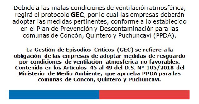 Desde las 23:00 horas del viernes 12 de abril y hasta las 05:59 horas del sábado 13 de abril, de acuerdo al pronóstico de ventilación atmosférica informado por la SEREMI del Medio Ambiente. #Quintero #Concón #Puchuncaví debido a las malas condiciones de ventilación.