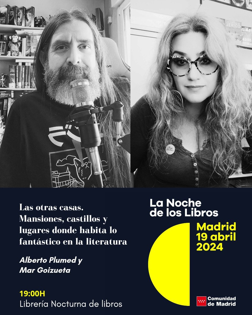 Participamos en #LaNocheDeLosLibros de @ComunidadMadrid con la charla 'Las otras casas. Mansiones, castillos y lugares donde habita lo fantástico en la literatura' a cargo de la escritora y librera @MarGoizueta y @albertobarbas, librero y #booktuber #NocturnaDeLibros #Alcorcón