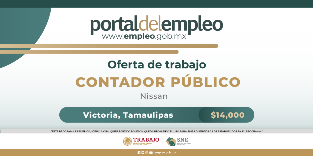 📢 #BolsaDeTrabajo 

👤 Contador público en Nissan.
📍Para trabajar en #Tamaulipas.
💰14,000.00.

Detalles y postulación en: 🔗 goo.su/TwdM9zQ
📨 contabilidad@nissanvictoria.com

#Trabajo #Empleo #SNE #PortalDelEmpleo