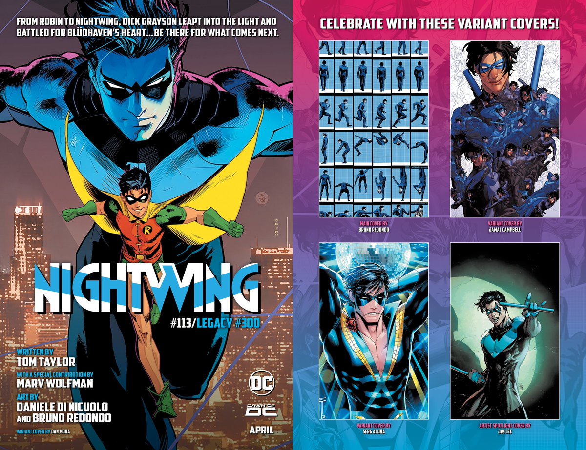 Next week sees #Nightwing's 300th (!) issue in legacy numbering. And we can now reveal it features a special contribution from Nightwing's co-creator himself, @marvwolfman! With art by @Bruno_Redondo_F & @DiNicuolo_ And covers by Bruno, @JimLee @Danmora_c, @_pryce14, @SergAcuna.