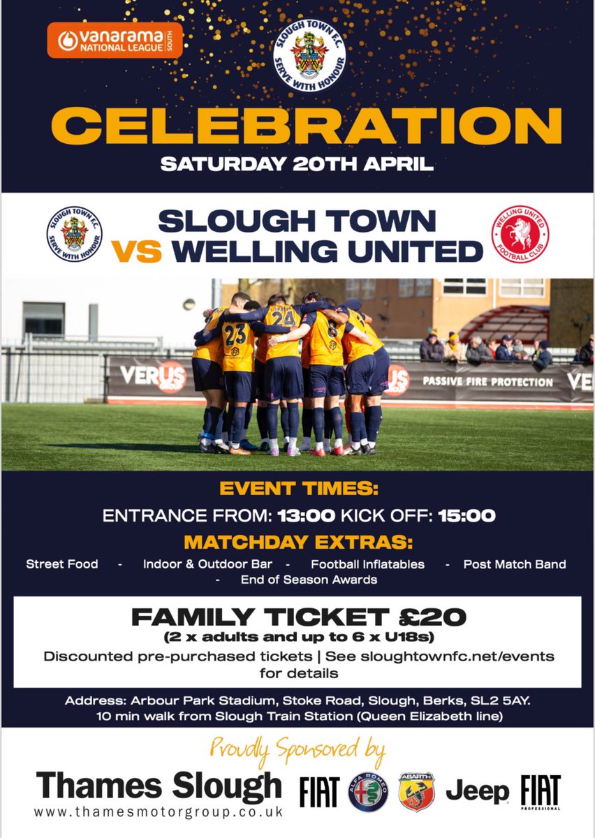 𝗘𝗡𝗗 𝗢𝗙 𝗦𝗘𝗔𝗦𝗢𝗡 𝗖𝗘𝗟𝗘𝗕𝗥𝗔𝗧𝗜𝗢𝗡𝗦 🎉 Make sure you join us on Saturday 20 April! ✅ Activities for all the family ✅ Food from Barbarian Grill and Funky Elephant ✅ Live music ✅ End of season awards Get tickets from sloughtownfc.net/events now! #OneSlough