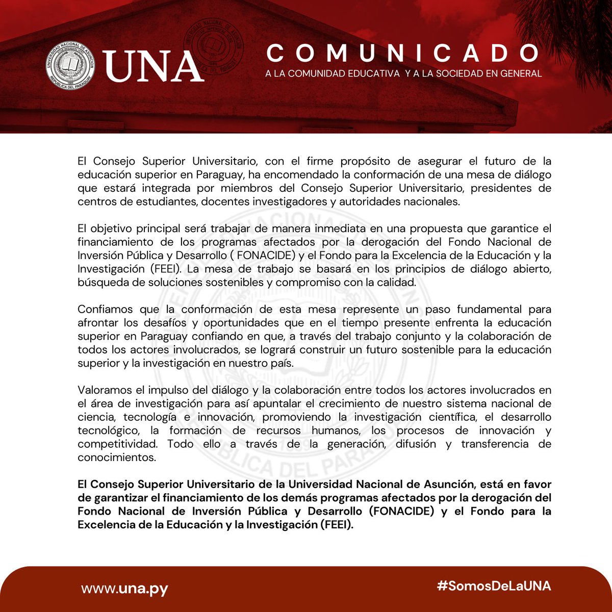 ⚠️ COMUNICADO 12/04/2024 CSU-UNA amplía diálogo para garantizar fondos de investigación y arancel cero #SomosDeLaUNA