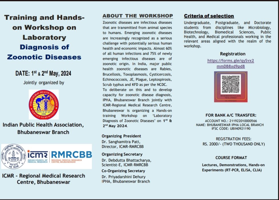 Join us for a Training & Hands-on Workshop on Laboratory Diagnosis of Zoonotic Diseases, organized by #IPHA Bhubaneswar & @ICMR_RMRCBBSR  on May 1st & 2nd, 2024.Don't miss this opportunity to enhance your knowledge in combating #zoonoses. 
Link: forms.gle/qySvx2mmDB8xd9…