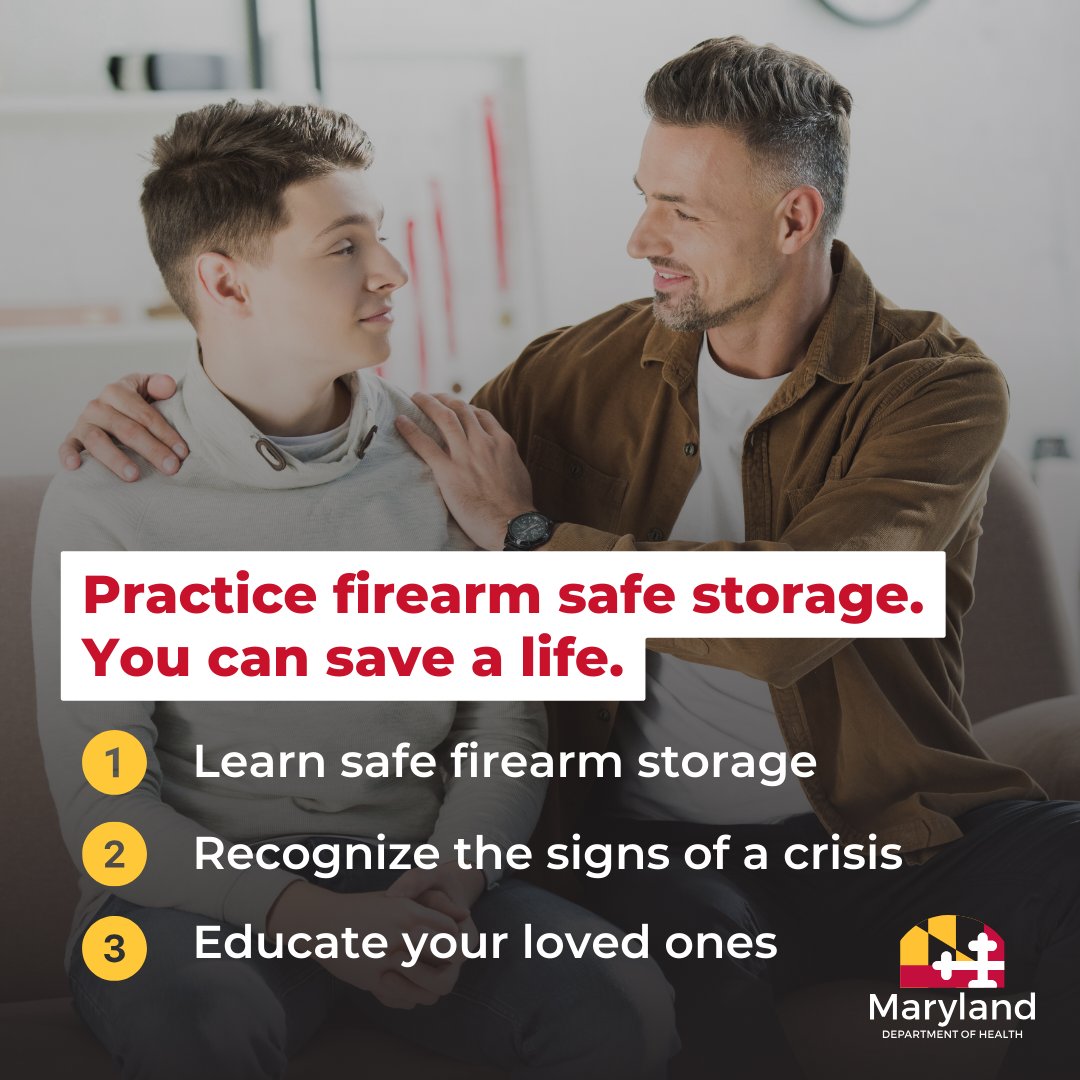 #DYK: Firearms were used in 29% of suicides among youth ages 10-19 in Maryland according to @CDCgov. Access the @MDH_BHA’s Firearm Safe Storage and Youth Suicide Prevention guide to learn more: health.maryland.gov/firearm-safety #SafeStorage #988Lifeline #SafetyPlanning