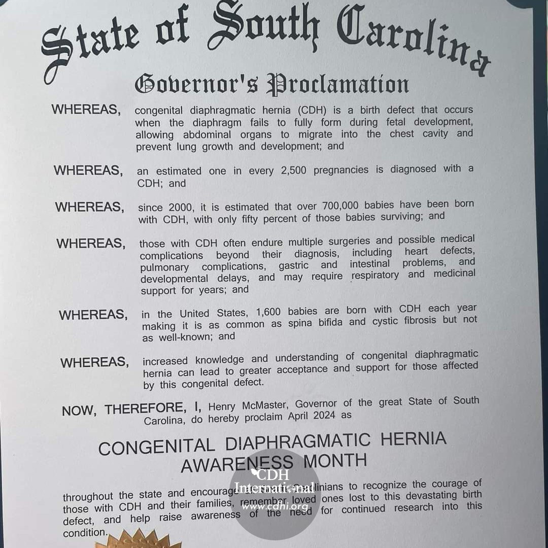 South Carolina Proclamation

cdhi.org/south-carolina…

#CDH #CDHAwareness #NotJustAHole #CongenitalDiaphragmaticHernia #CDHAwarenessMonth #April19 #CDHCharity #PediatricSurgery #GlobalSurgery #RareDisease #PatientAdvocacy #Donate