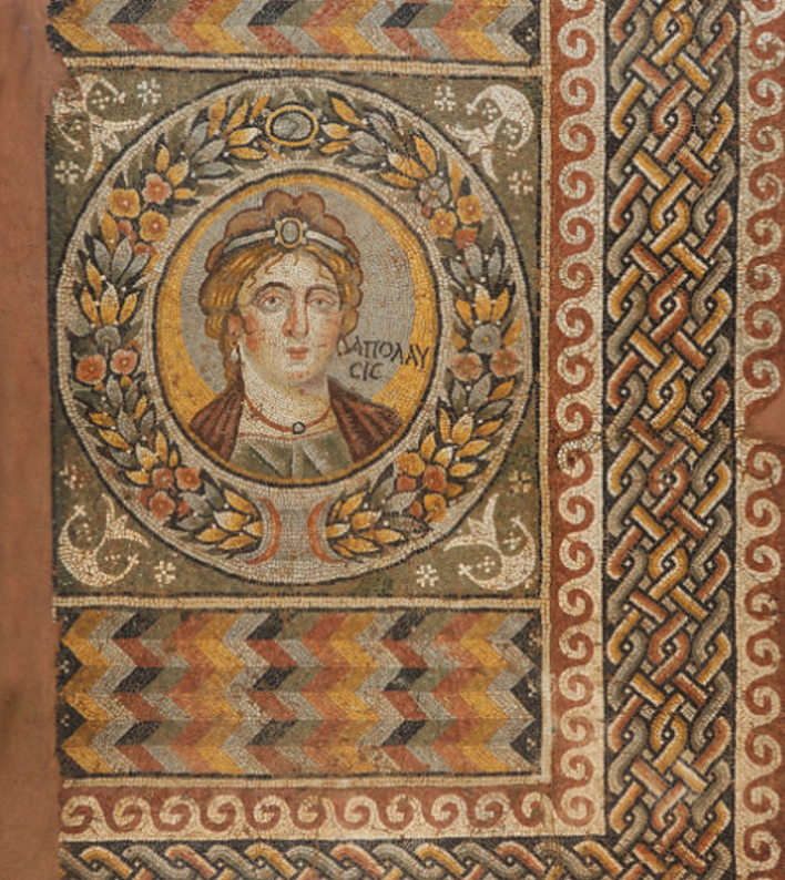 Personification of ΑΠΟΛΑΥCΙC ('Enjoyment'), fragment of a marble floor mosaic, early Byzantine period (4th-5th c. AD.), from a bath in Agios Taxiarches, near Argos, Greece.