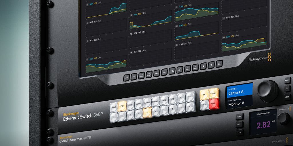 New Blackmagic Ethernet Switch 360P! World’s first Ethernet switch for the film and television industry with 10G Ethernet for SMPTE-2110 IP video and front panel routing! Available in July from US$2,895. Learn more at bmd.link/T9y9Hz