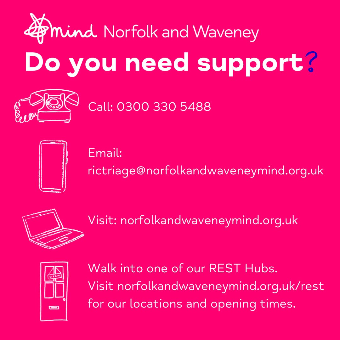 Whether it’s you needing support, someone in your family, a friend or a work colleague, we are here for you. Take a look at all of the ways you can access our support and services. For more information, please visit norfolkandwaveneymind.org.uk
