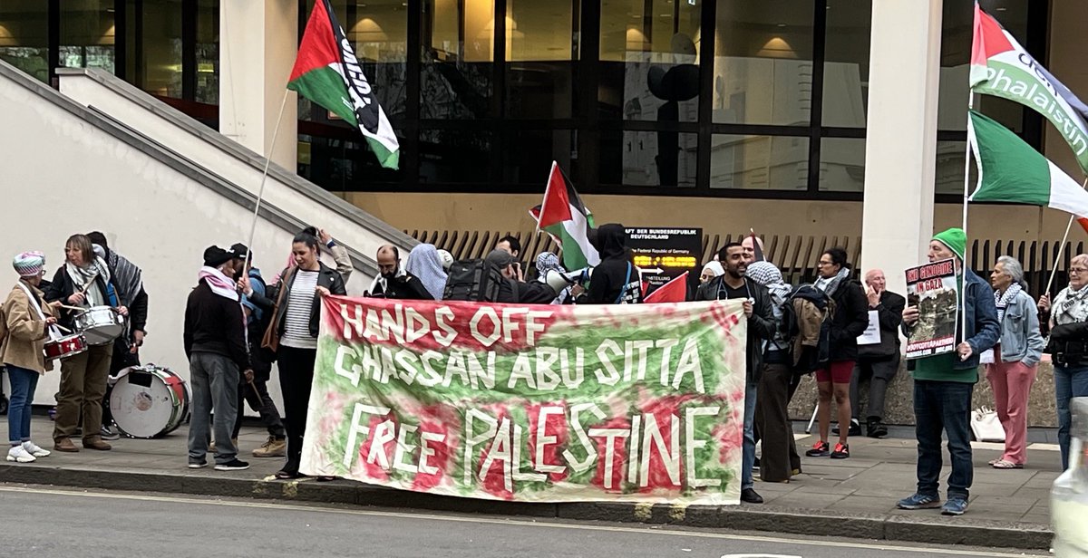 Outside the German Embassy in London now, protesting Germany’s treatment of ⁦@GhassanAbuSitt1⁩ & the storming of the Palestine Conference in Berlin