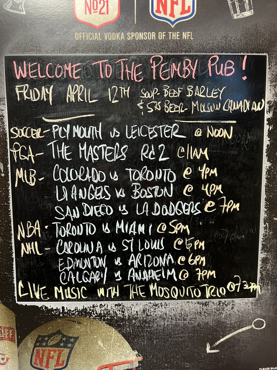 The Pemby is open for lunch today at 11:30am. Our soup is Beef Barley! Join us for @PGATOUR #themasters rd 2 @MLB with @BlueJays at 4pm @NBA with @Raptors at 5pm @NHL at 5pm and live music with The Mosquito Trio at 7:30pm. #pembypub #NorthVan #yourteamplaysatthepemby