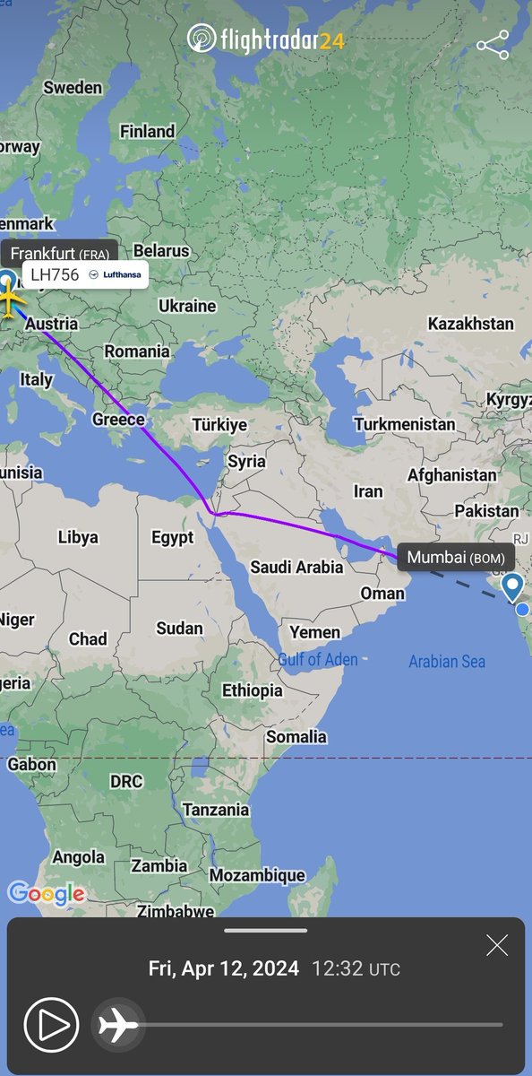 Reports indicate that Lufthansa has decided not to fly over Iran A look at the route taken by its flights to Mumbai today, avoiding Iranian airspace versus the route the same flight took, last two days