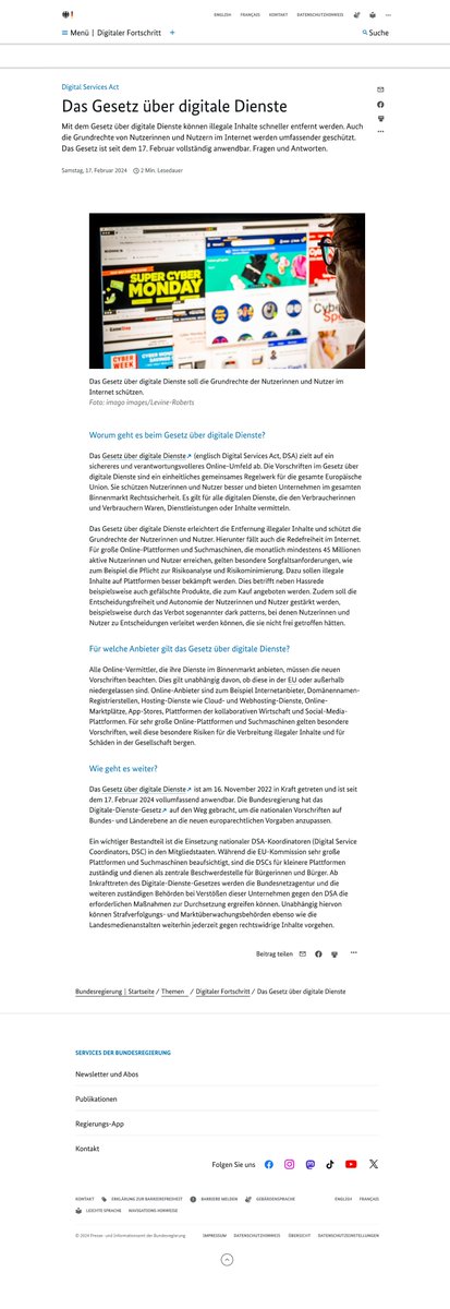 Digital Services Act nam-ı diğer DSA!
1⃣Dijital köleliğe doğru bir adım daha.AB'nde 17.2.2024 itibariyle yürürlüğe giren ve bizdeki dezenformasyon kanununa benzer bir kanun.DSA'nın uygulamasının AI (yapay zekâ) tarafından yapılacağı söyleniyor.Yani anında cezayı kesecek.