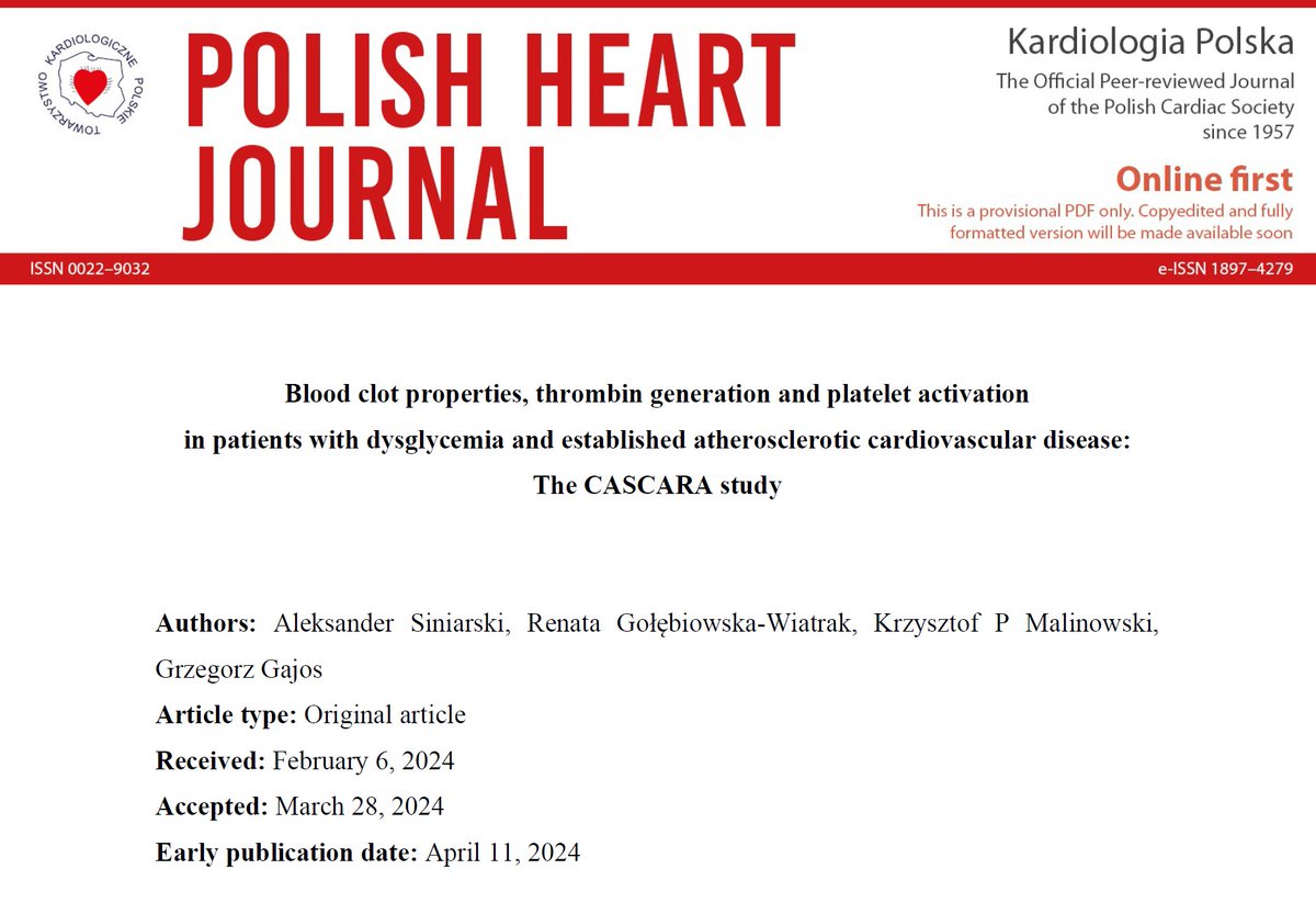 Editors' Insights: Blood clot properties, #thrombin generation and #platelet activation in patients with #dysglycemia and #ASCVD: The CASCARA study. tiny.pl/drlzd #PolishHeartJournal #CardioTwitter #HeartNews #Cardiology @AlekSiniarski @ggajos007 @JagiellonskiUni