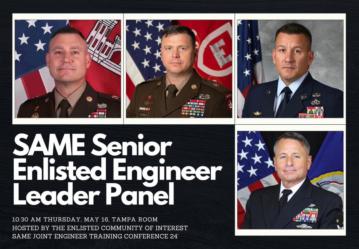 SAME__Org's tweet image. SAME is ECSTATIC to introduce some engineering LEGENDS as part of our
2024 SAME Senior Enlisted Engineer
Leadership Panel!

Thank you to:

CSM Douglas Galick
CSM Zachary Plummer
CMSgt Robert Cullison
FORCM Larry Sharpe

for stepping up to the plate
