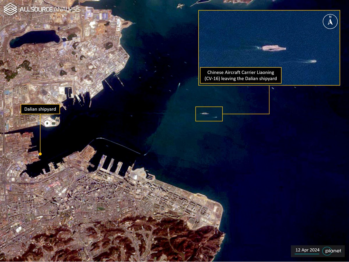 GEOINT analysis on 12 April 2024 of the Dalian shipyard in China shows the Aircraft Carrier Liaoning (CV-16) underway leaving the shipyard. bit.ly/2oeCGCj

#GEOINT #China #Liaoning #Dalian #VesselMonitoring